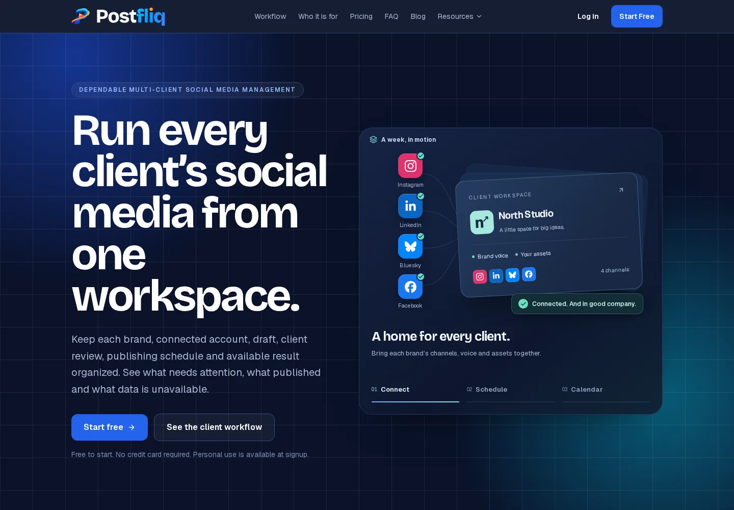 PostFliq homepage introducing its multi-client social media workflow