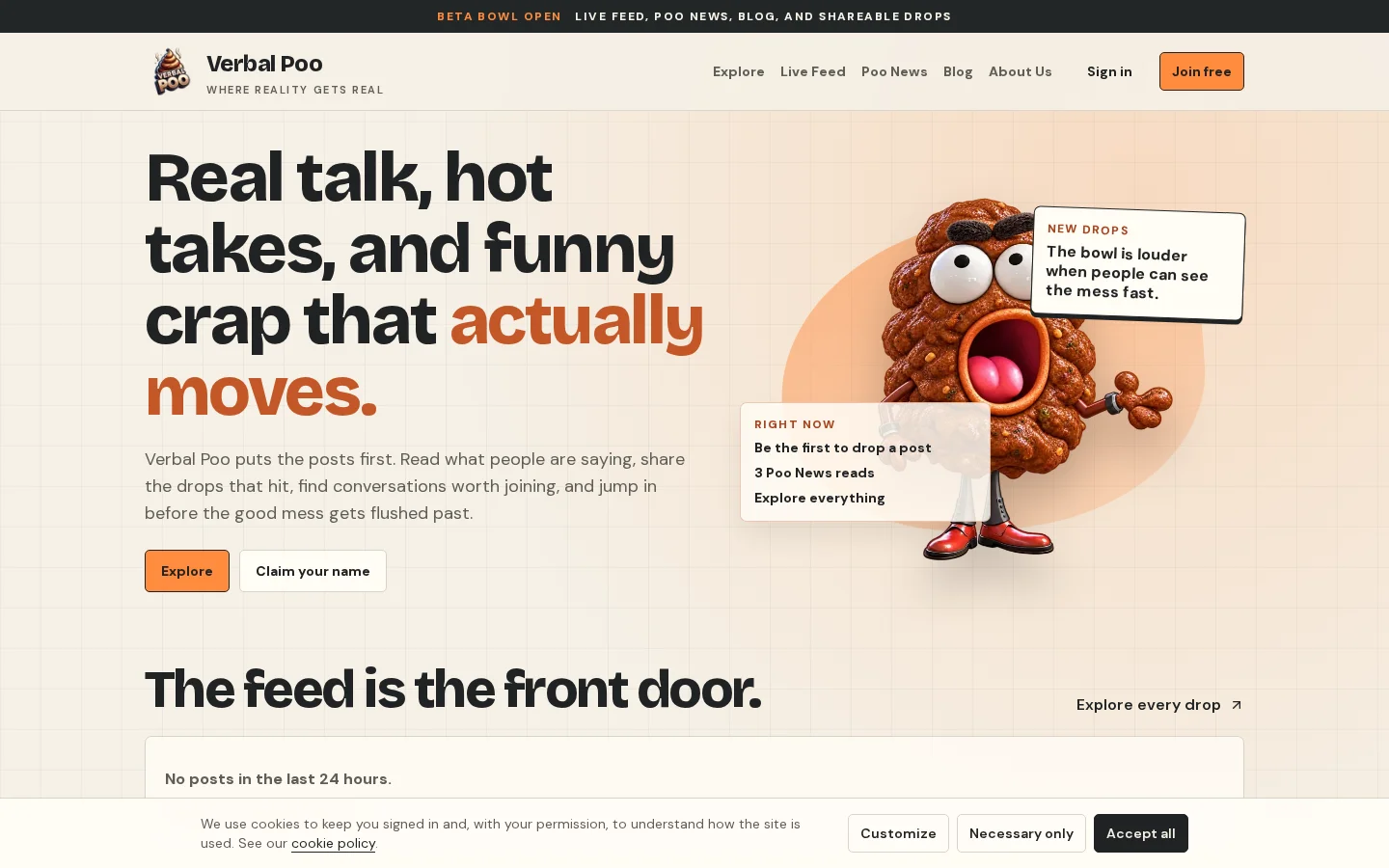 Verbal Poo public homepage, showing its current visitor experience